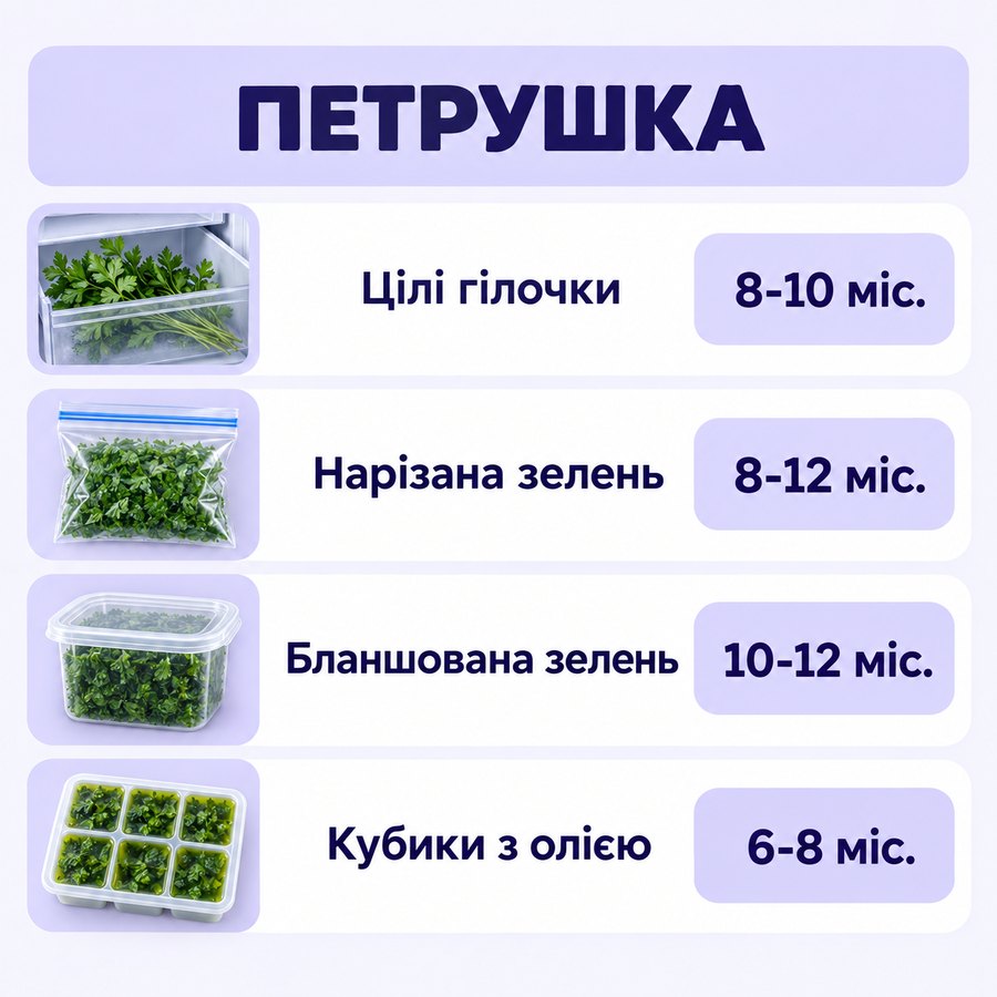 Терміни зберігання в морозилці: Петрушка - Цілі гілочки 8-10 міс., Нарізана зелень 8-12 міс., Бланшована зелень 10-12 міс., Кубики з олією 6-8 міс.