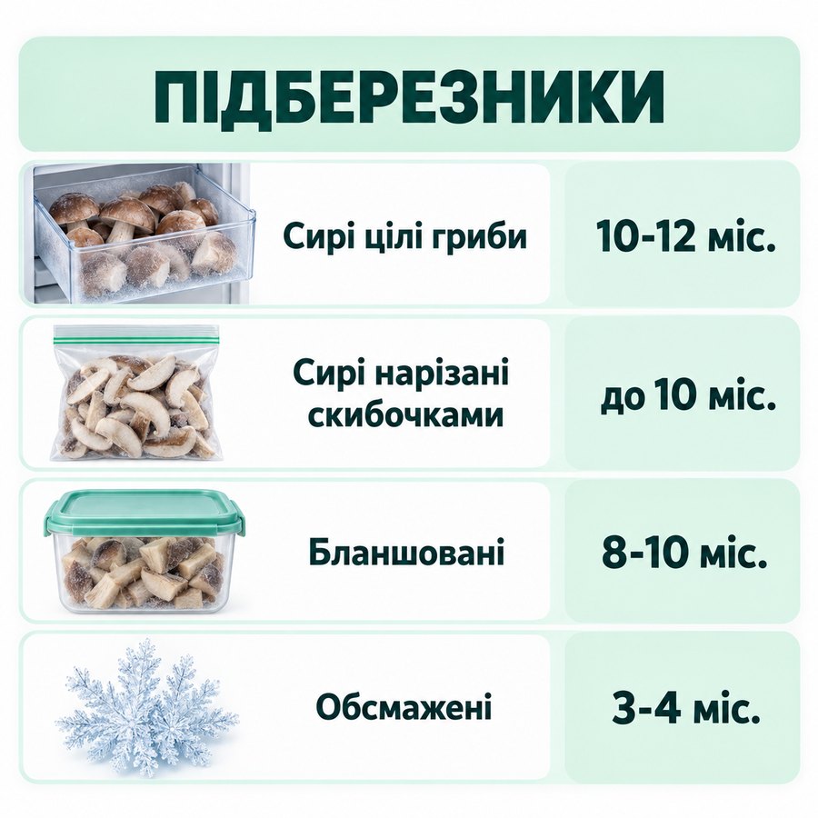 Терміни зберігання в морозилці: Підберезники - Сирі цілі гриби 10-12 міс., Сирі нарізані скибочками до 10 міс., Бланшовані 8-10 міс., Обсмажені 3-4 міс.