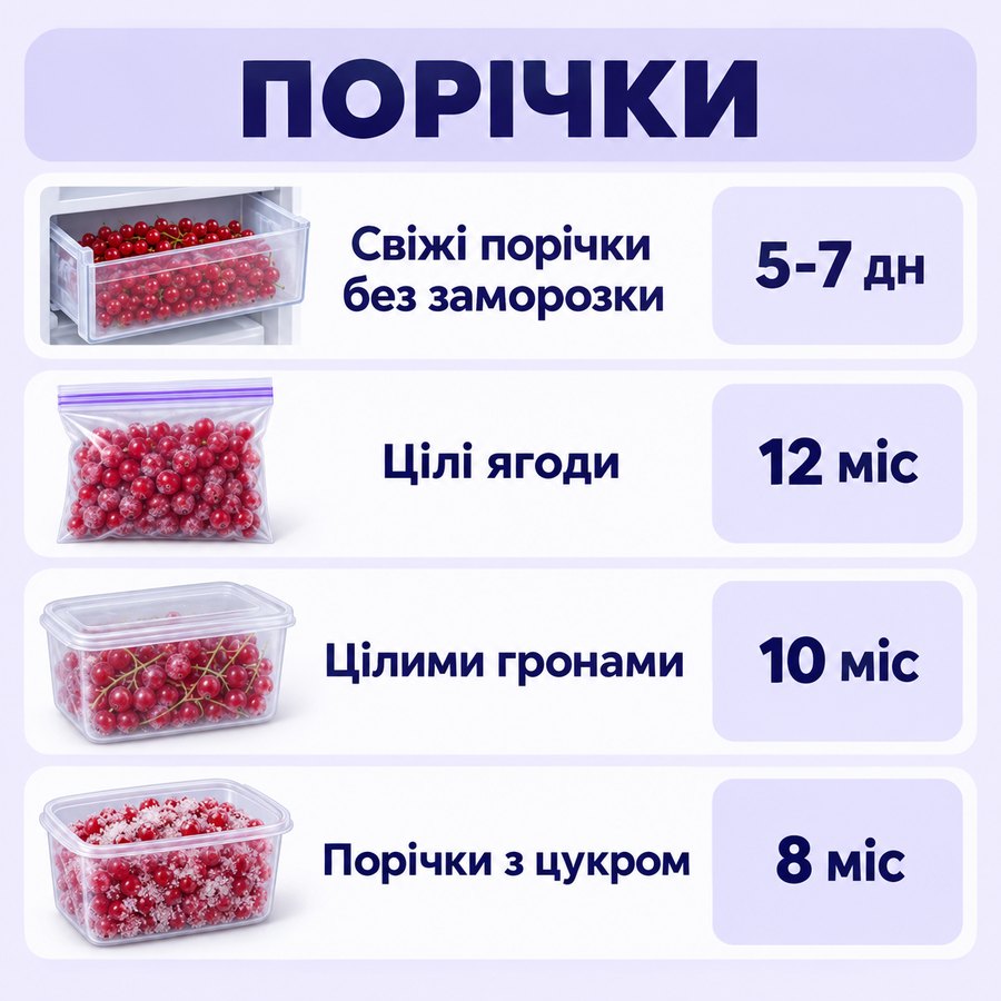 Терміни зберігання в морозилці: Порічки - Свіжі порічки без заморозки 5-7 дн, Цілі ягоди 12 міс, Цілими гронами 10 міс, Порічки з цукром 8 міс