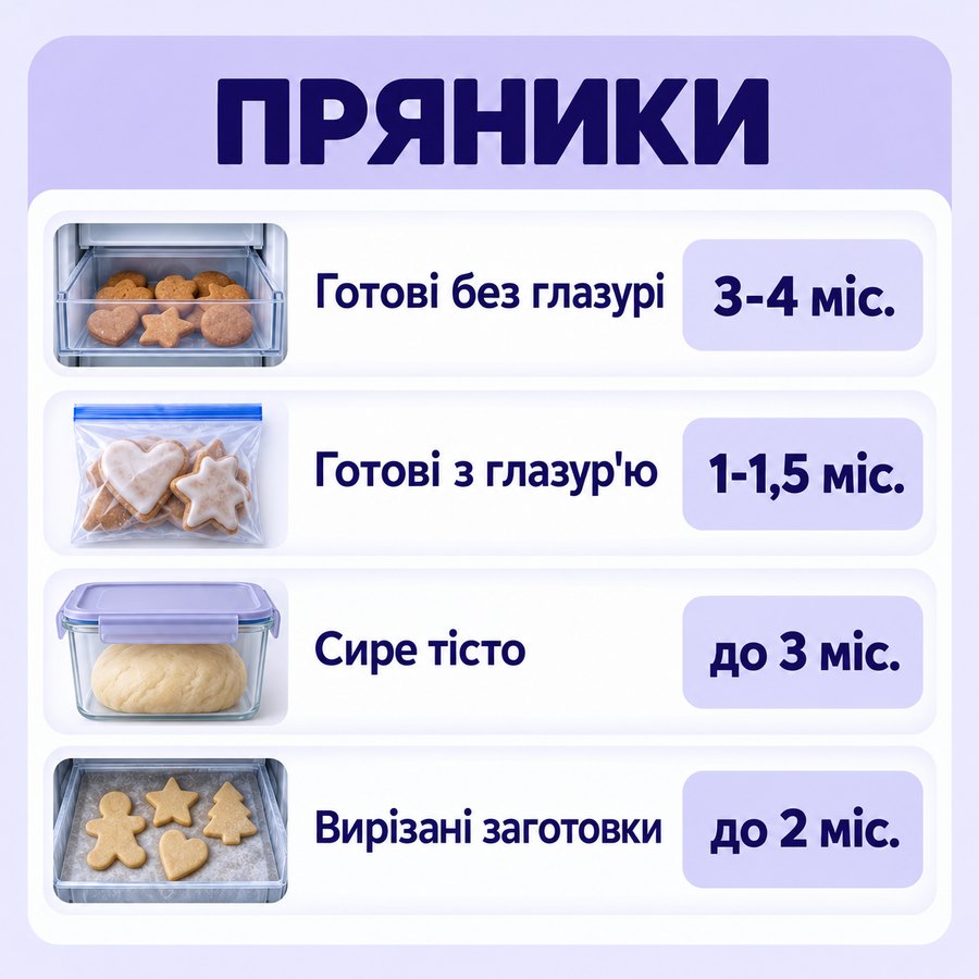 Терміни зберігання в морозилці: Пряники - Готові без глазурі 3-4 міс., Готові з глазур'ю 1-1,5 міс., Сире тісто до 3 міс., Вирізані заготовки до 2 міс.