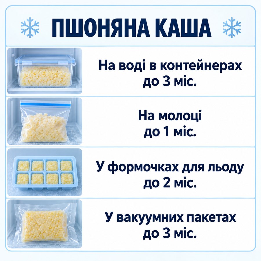 Терміни зберігання в морозилці: Пшоняна каша - На воді в контейнерах до 3 міс., На молоці до 1 міс., У формочках для льоду до 2 міс., У вакуумних пакетах до 3 міс.