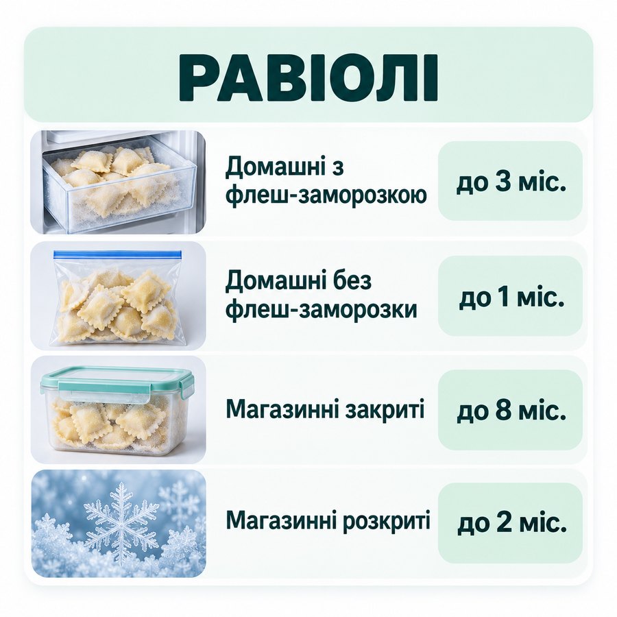 Терміни зберігання в морозилці: Равіолі - Домашні з флеш-заморозкою до 3 міс., Домашні без флеш-заморозки до 1 міс., Магазинні закриті до 8 міс., Магазинні розкриті до 2 міс.