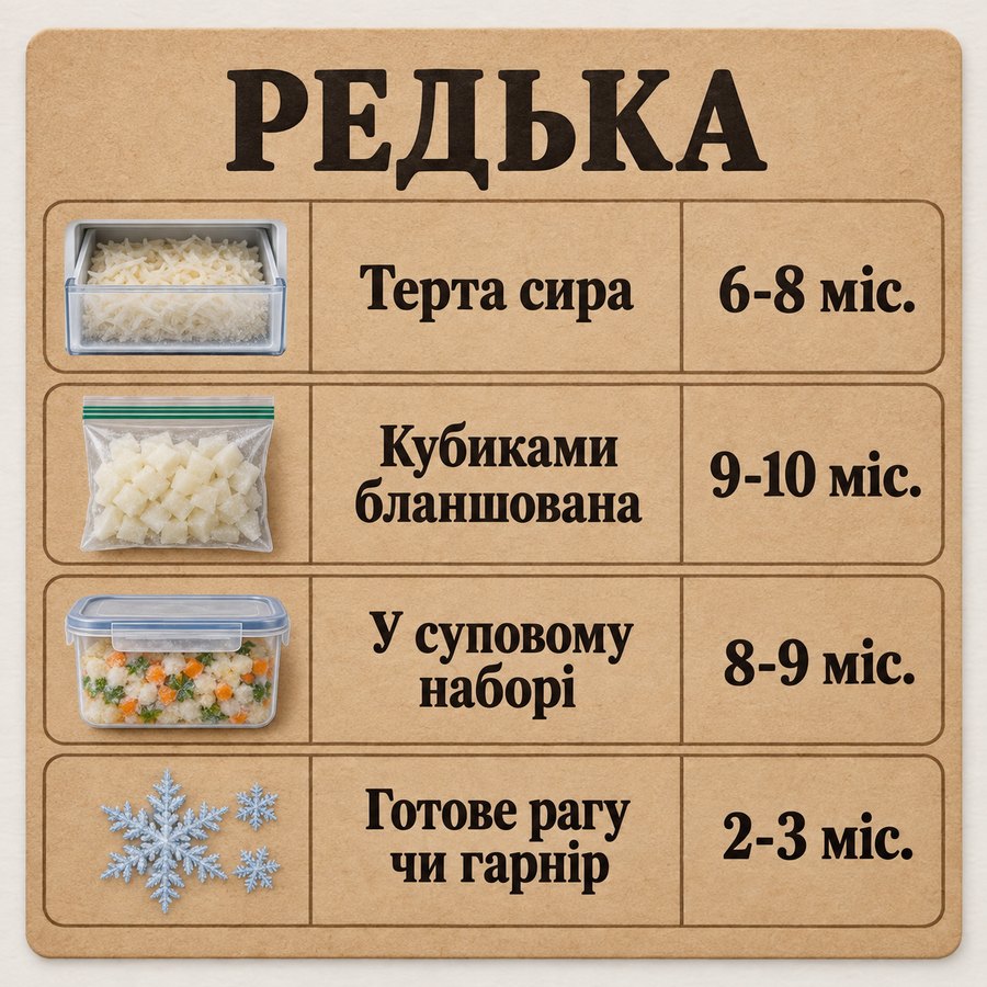 Терміни зберігання в морозилці: Редька - Терта сира 6-8 міс., Кубиками бланшована 9-10 міс., У суповому наборі 8-9 міс., Готове рагу чи гарнір 2-3 міс.