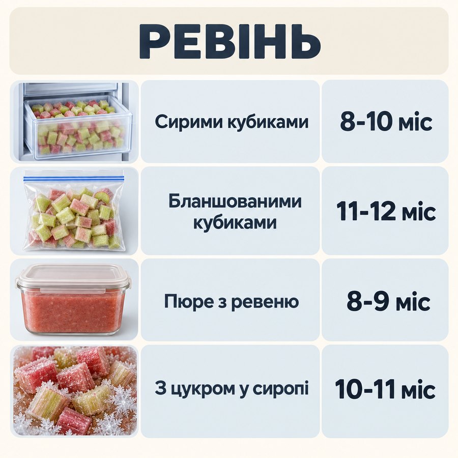 Терміни зберігання в морозилці: Ревінь - Сирими кубиками 8-10 міс, Бланшованими кубиками 11-12 міс, Пюре з ревеню 8-9 міс, З цукром у сиропі 10-11 міс