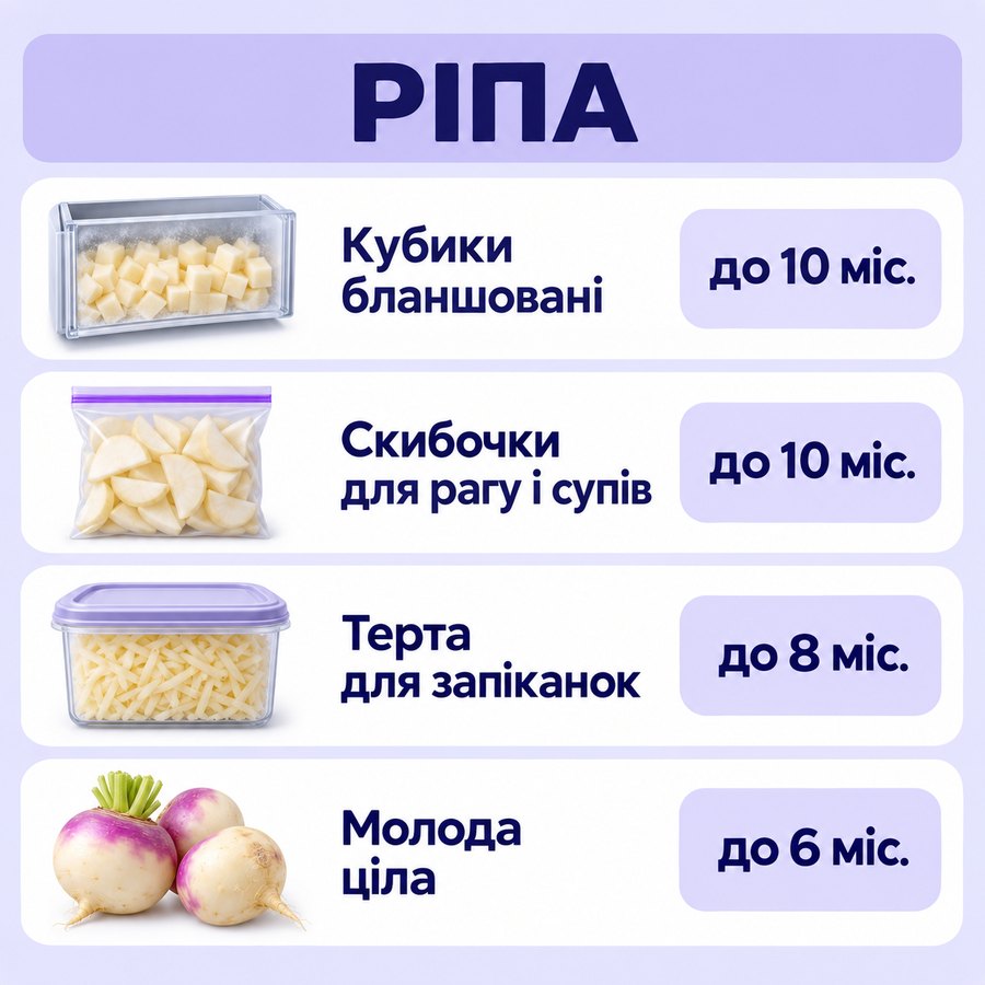 Терміни зберігання в морозилці: Ріпа - Кубики бланшовані до 10 міс., Скибочки для рагу і супів до 10 міс., Терта для запіканок до 8 міс., Молода ціла до 6 міс.