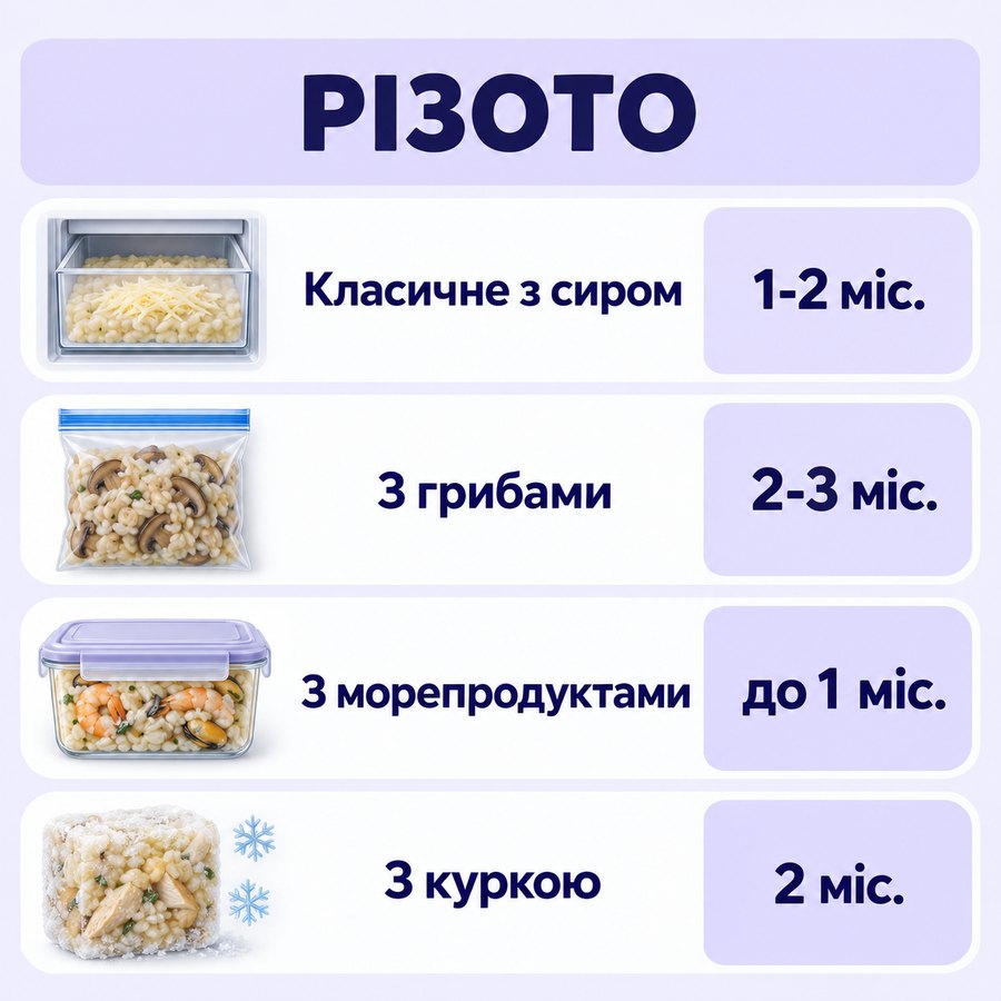 Терміни зберігання в морозилці: Різото - Класичне з сиром 1-2 міс., З грибами 2-3 міс., З морепродуктами до 1 міс., З куркою 2 міс.