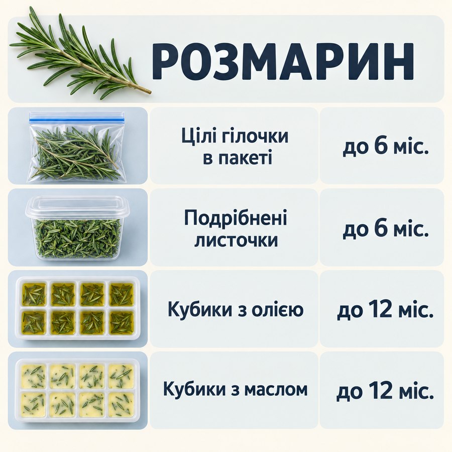 Терміни зберігання в морозилці: Розмарин - Цілі гілочки в пакеті до 6 міс., Подрібнені листочки до 6 міс., Кубики з олією до 12 міс., Кубики з маслом до 12 міс.