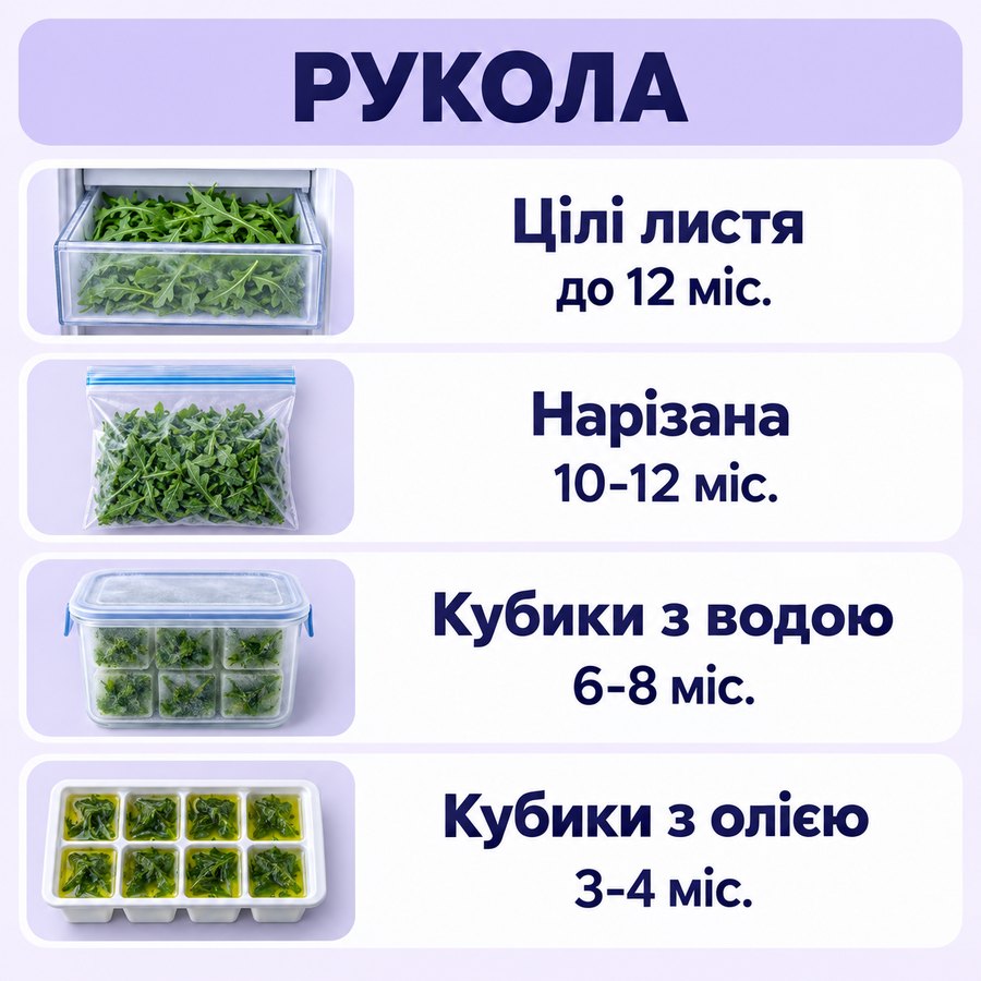 Терміни зберігання в морозилці: Рукола - Цілі листя до 12 міс., Нарізана 10-12 міс., Кубики з водою 6-8 міс., Кубики з олією 3-4 міс.