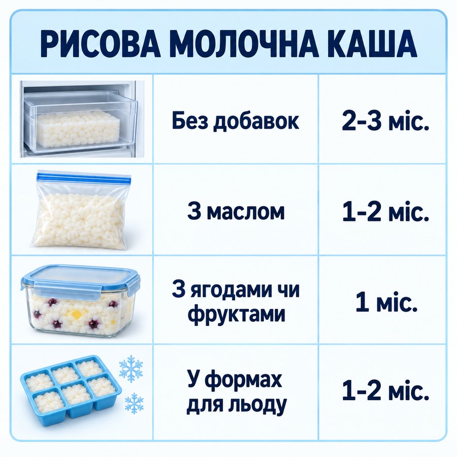 Терміни зберігання в морозилці: Рисова молочна каша - Без добавок 2-3 міс., З маслом 1-2 міс., З ягодами чи фруктами 1 міс., У формах для льоду 1-2 міс.