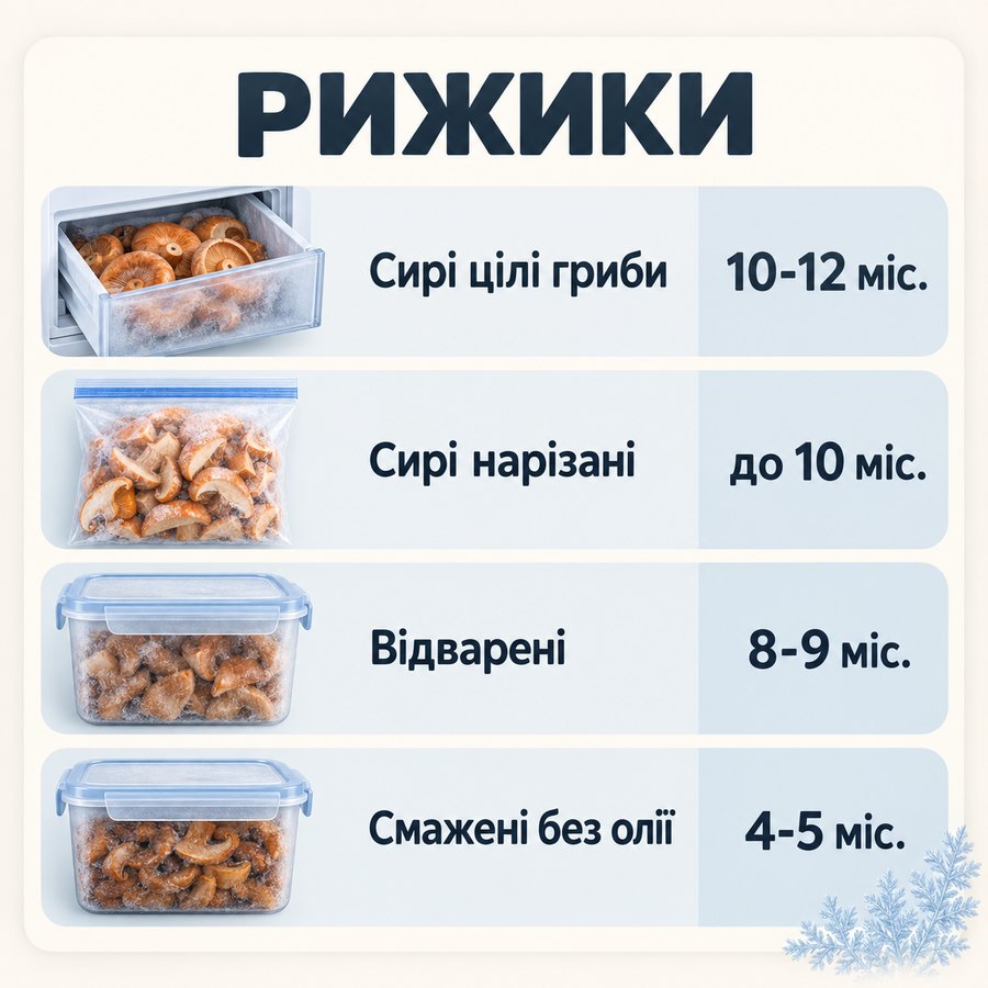 Терміни зберігання в морозилці: Рижики - Сирі цілі гриби 10-12 міс., Сирі нарізані до 10 міс., Відварені 8-9 міс., Смажені без олії 4-5 міс.
