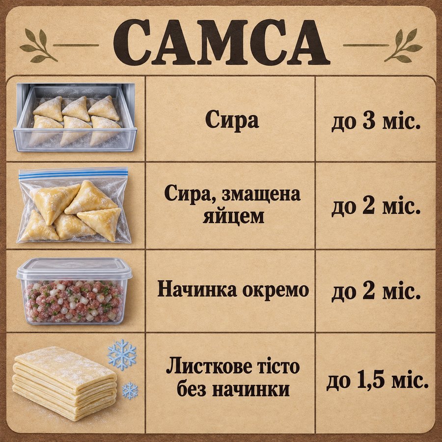 Терміни зберігання в морозилці: Самса - Сира до 3 міс., Сира, змащена яйцем до 2 міс., Начинка окремо до 2 міс., Листкове тісто без начинки до 1,5 міс.