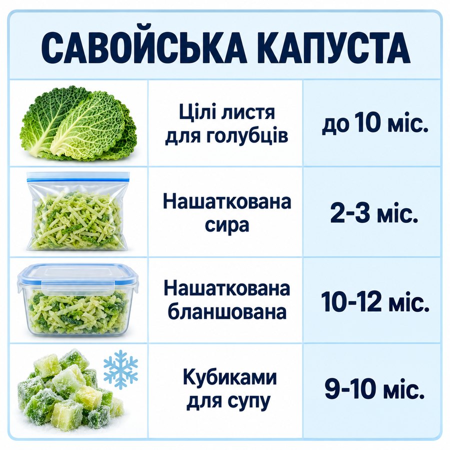 Терміни зберігання в морозилці: Савойська капуста - Цілі листя для голубців до 10 міс., Нашаткована сира 2-3 міс., Нашаткована бланшована 10-12 міс., Кубиками для супу 9-10 міс.