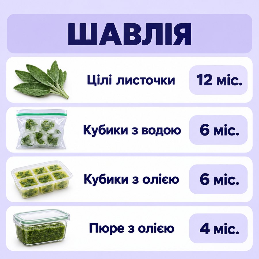Терміни зберігання в морозилці: Шавлія - Цілі листочки 12 міс., Кубики з водою 6 міс., Кубики з олією 6 міс., Пюре з олією 4 міс.