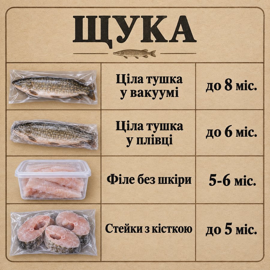 Терміни зберігання в морозилці: Щука - Ціла тушка у вакуумі до 8 міс., Ціла тушка у плівці до 6 міс., Філе без шкіри 5-6 міс., Стейки з кісткою до 5 міс.