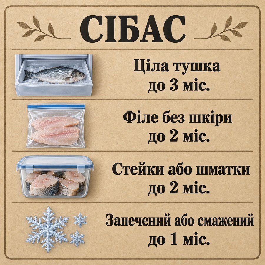 Терміни зберігання в морозилці: Сібас - Ціла тушка до 3 міс., Філе без шкіри до 2 міс., Стейки або шматки до 2 міс., Запечений або смажений до 1 міс.