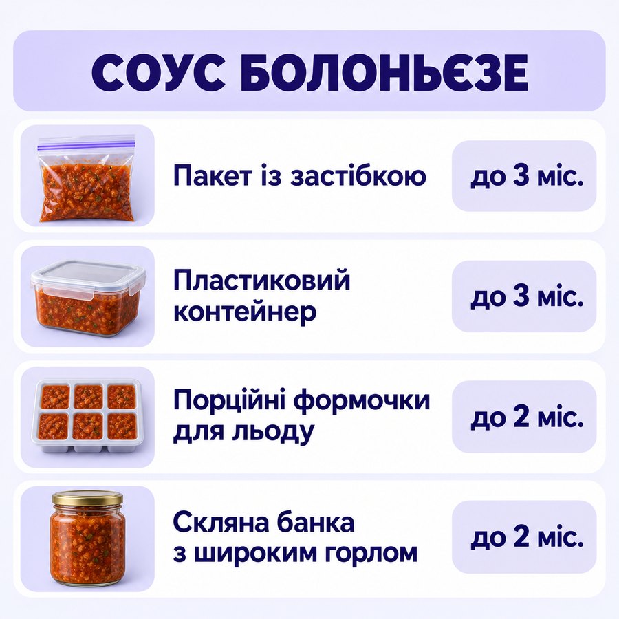 Терміни зберігання в морозилці: Соус болоньєзе - Пакет із застібкою до 3 міс., Пластиковий контейнер до 3 міс., Порційні формочки для льоду до 2 міс., Скляна банка з широким горлом до 2 міс.