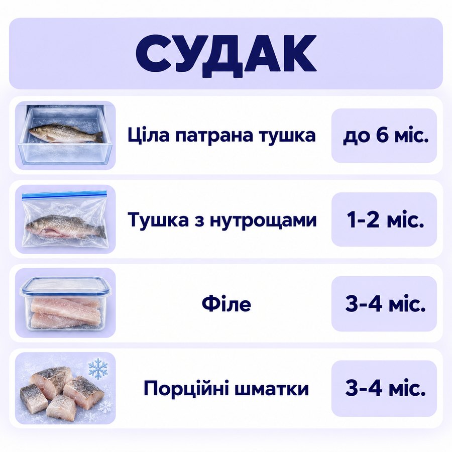 Терміни зберігання в морозилці: Судак - Ціла патрана тушка до 6 міс., Тушка з нутрощами 1-2 міс., Філе 3-4 міс., Порційні шматки 3-4 міс.
