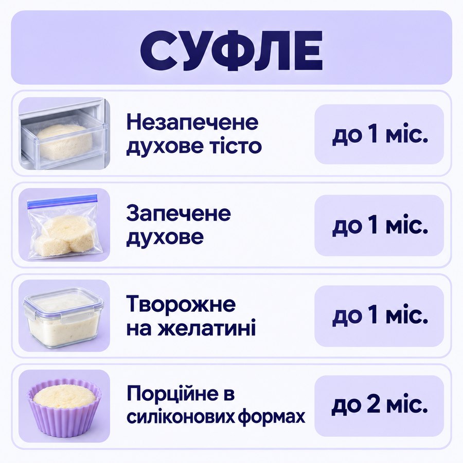 Терміни зберігання в морозилці: Суфле - Незапечене духове тісто до 1 міс., Запечене духове до 1 міс., Творожне на желатині до 1 міс., Порційне в силіконових формах до 2 міс.