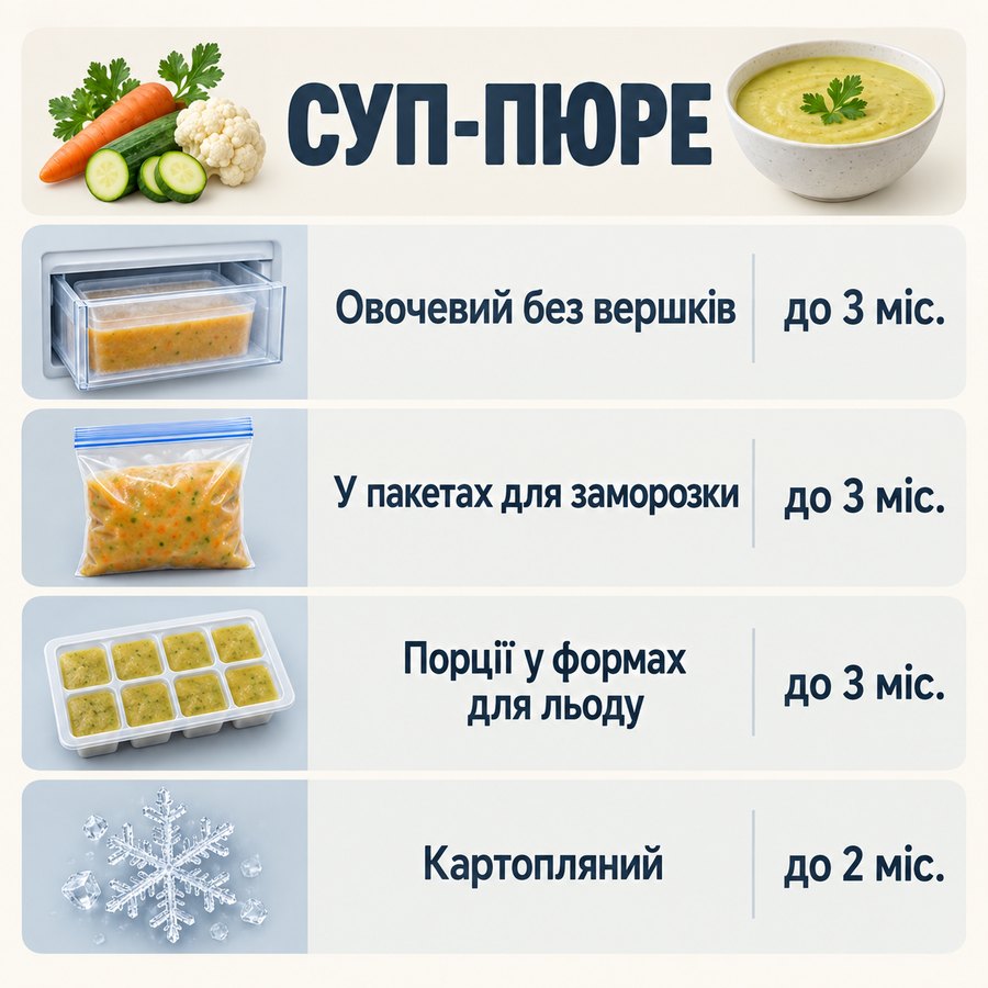 Терміни зберігання в морозилці: Суп-пюре - Овочевий без вершків до 3 міс., У пакетах для заморозки до 3 міс., Порції у формах для льоду до 3 міс., Картопляний до 2 міс.