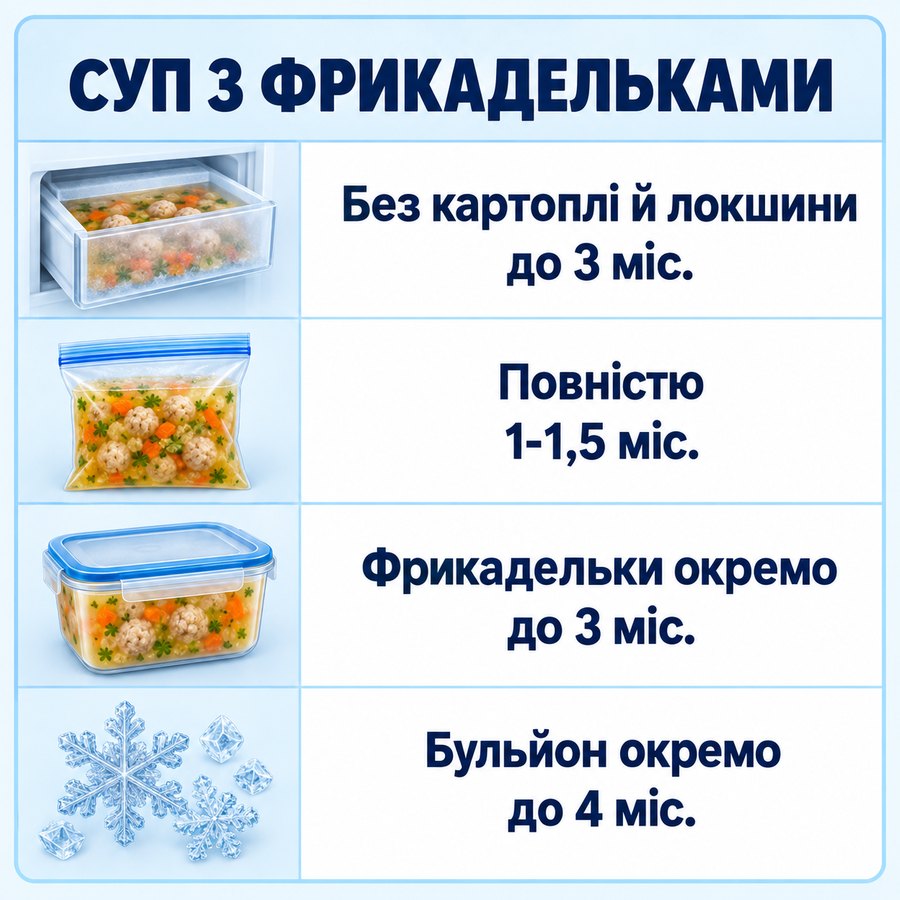 Терміни зберігання в морозилці: Суп з фрикадельками - Без картоплі й локшини до 3 міс., Повністю 1-1,5 міс., Фрикадельки окремо до 3 міс., Бульйон окремо до 4 міс.
