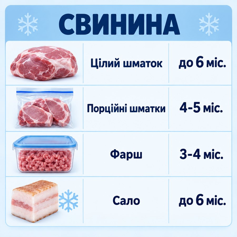 Терміни зберігання в морозилці: Свинина - Цілий шматок до 6 міс., Порційні шматки 4-5 міс., Фарш 3-4 міс., Сало до 6 міс.