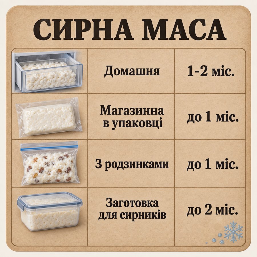 Терміни зберігання в морозилці: Сирна маса - Домашня 1-2 міс., Магазинна в упаковці до 1 міс., З родзинками до 1 міс., Заготовка для сирників до 2 міс.