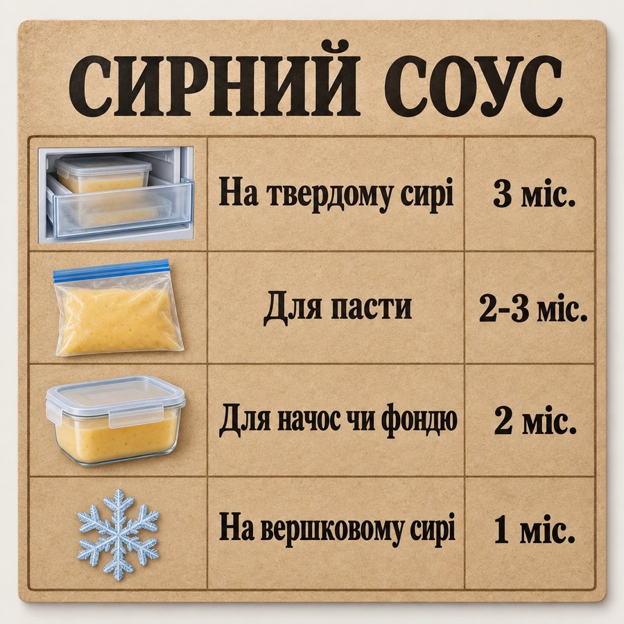 Терміни зберігання в морозилці: Сирний соус - На твердому сирі 3 міс., Для пасти 2-3 міс., Для начос чи фондю 2 міс., На вершковому сирі 1 міс.