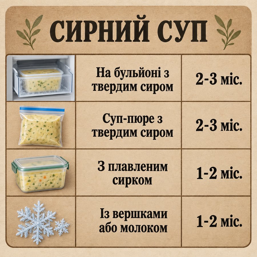Терміни зберігання в морозилці: Сирний суп - На бульйоні з твердим сиром 2-3 міс., Суп-пюре з твердим сиром 2-3 міс., З плавленим сирком 1-2 міс., Із вершками або молоком 1-2 міс.