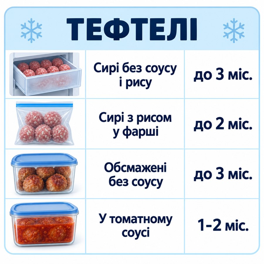 Терміни зберігання в морозилці: Тефтелі - Сирі без соусу і рису до 3 міс., Сирі з рисом у фарші до 2 міс., Обсмажені без соусу до 3 міс., У томатному соусі 1-2 міс.