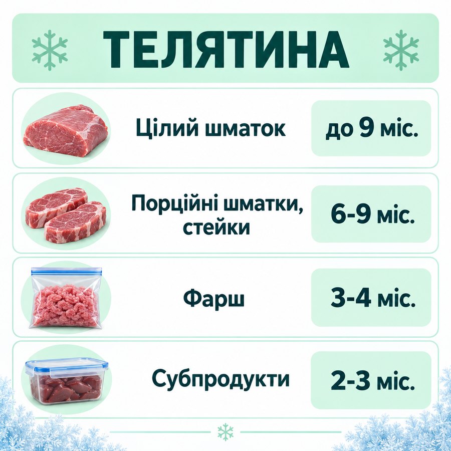 Терміни зберігання в морозилці: Телятина - Цілий шматок до 9 міс., Порційні шматки, стейки 6-9 міс., Фарш 3-4 міс., Субпродукти 2-3 міс.