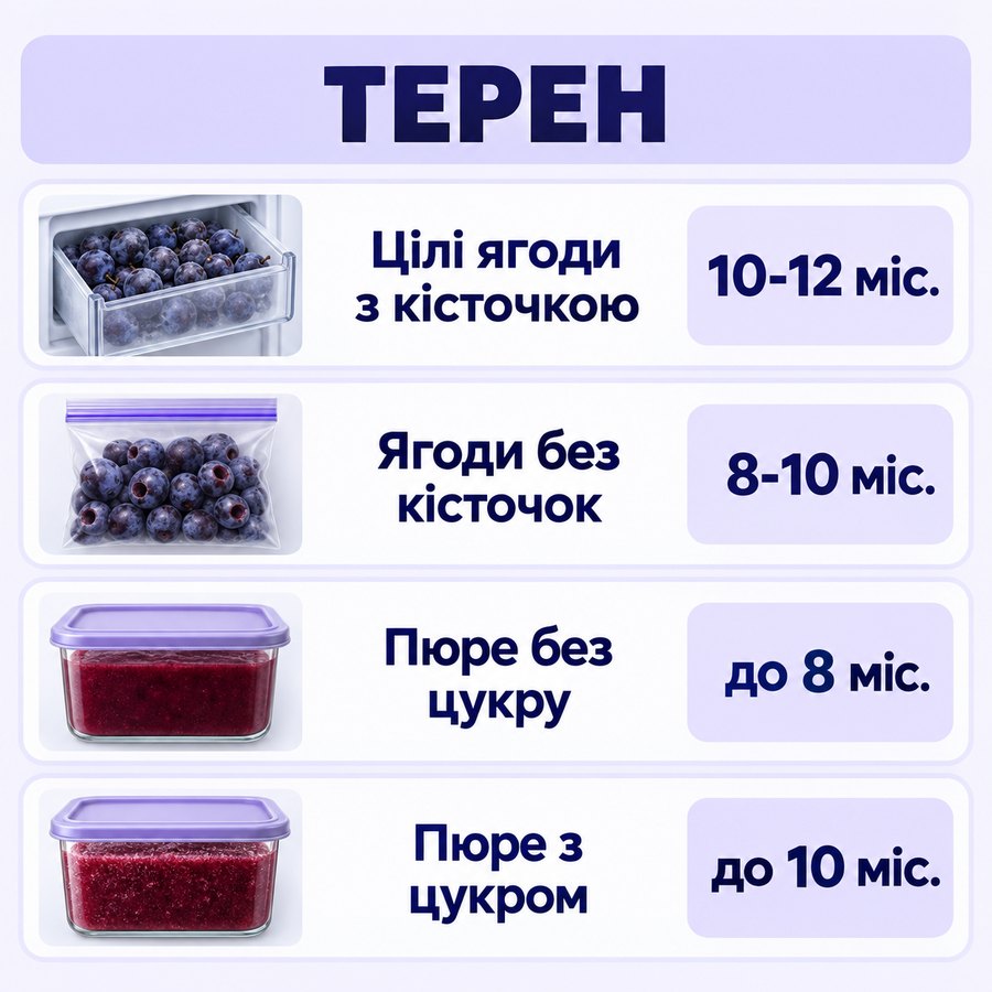 Терміни зберігання в морозилці: Терен - Цілі ягоди з кісточкою 10-12 міс., Ягоди без кісточок 8-10 міс., Пюре без цукру до 8 міс., Пюре з цукром до 10 міс.