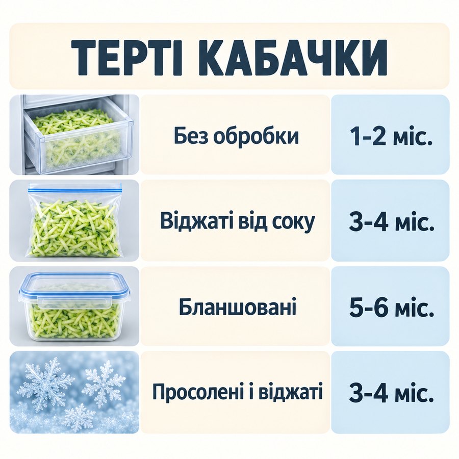 Терміни зберігання в морозилці: Терті кабачки - Без обробки 1-2 міс., Віджаті від соку 3-4 міс., Бланшовані 5-6 міс., Просолені і віджаті 3-4 міс.