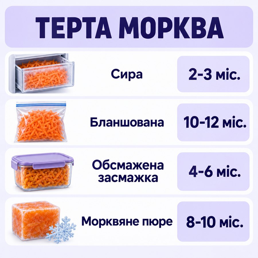 Терміни зберігання в морозилці: Терта морква - Сира 2-3 міс., Бланшована 10-12 міс., Обсмажена засмажка 4-6 міс., Морквяне пюре 8-10 міс.