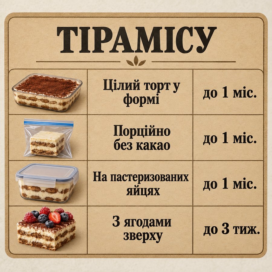 Терміни зберігання в морозилці: Тірамісу - Цілий торт у формі до 1 міс., Порційно без какао до 1 міс., На пастеризованих яйцях до 1 міс., З ягодами зверху до 3 тиж.