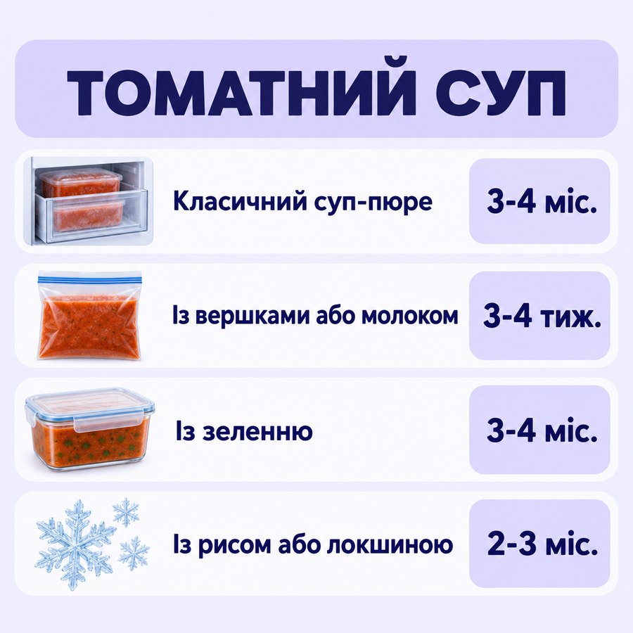 Терміни зберігання в морозилці: Томатний суп - Класичний суп-пюре 3-4 міс., Із вершками або молоком 3-4 тиж., Із зеленню 3-4 міс., Із рисом або локшиною 2-3 міс.
