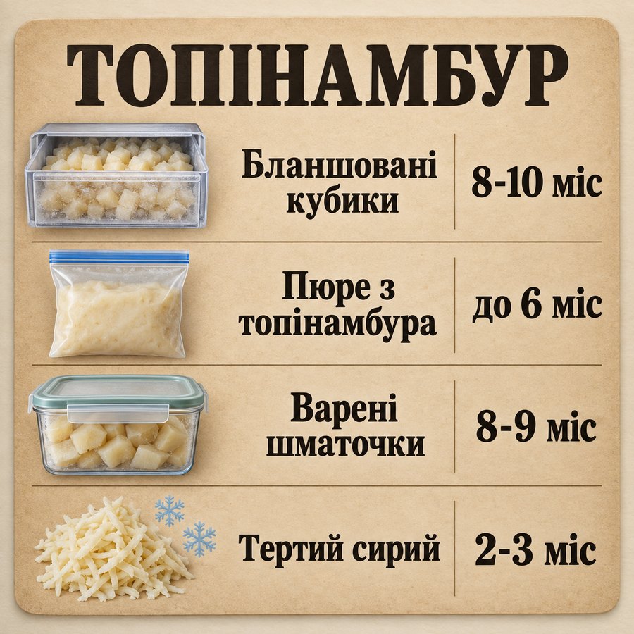 Терміни зберігання в морозилці: Топінамбур - Бланшовані кубики 8-10 міс, Пюре з топінамбура до 6 міс, Варені шматочки 8-9 міс, Тертий сирий 2-3 міс