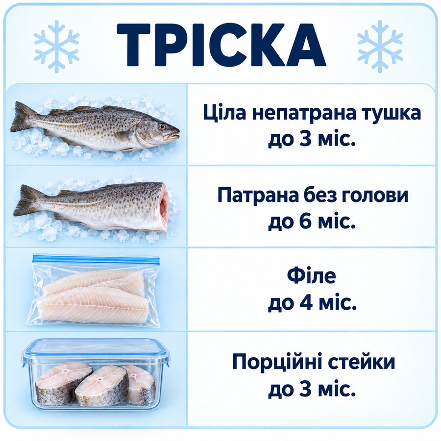 Терміни зберігання в морозилці: Тріска - Ціла непатрана тушка до 3 міс., Патрана без голови до 6 міс., Філе до 4 міс., Порційні стейки до 3 міс.