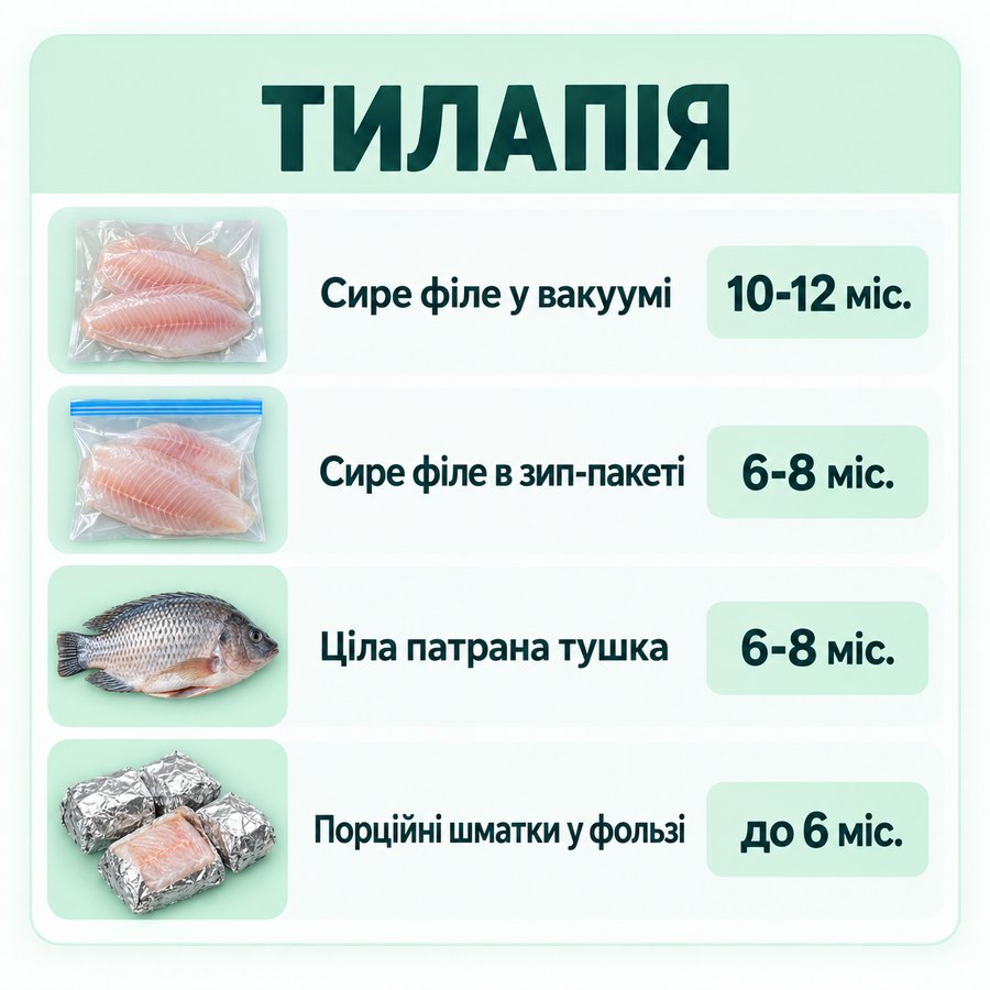 Терміни зберігання в морозилці: Тилапія - Сире філе у вакуумі 10-12 міс., Сире філе в зип-пакеті 6-8 міс., Ціла патрана тушка 6-8 міс., Порційні шматки у фользі до 6 міс.
