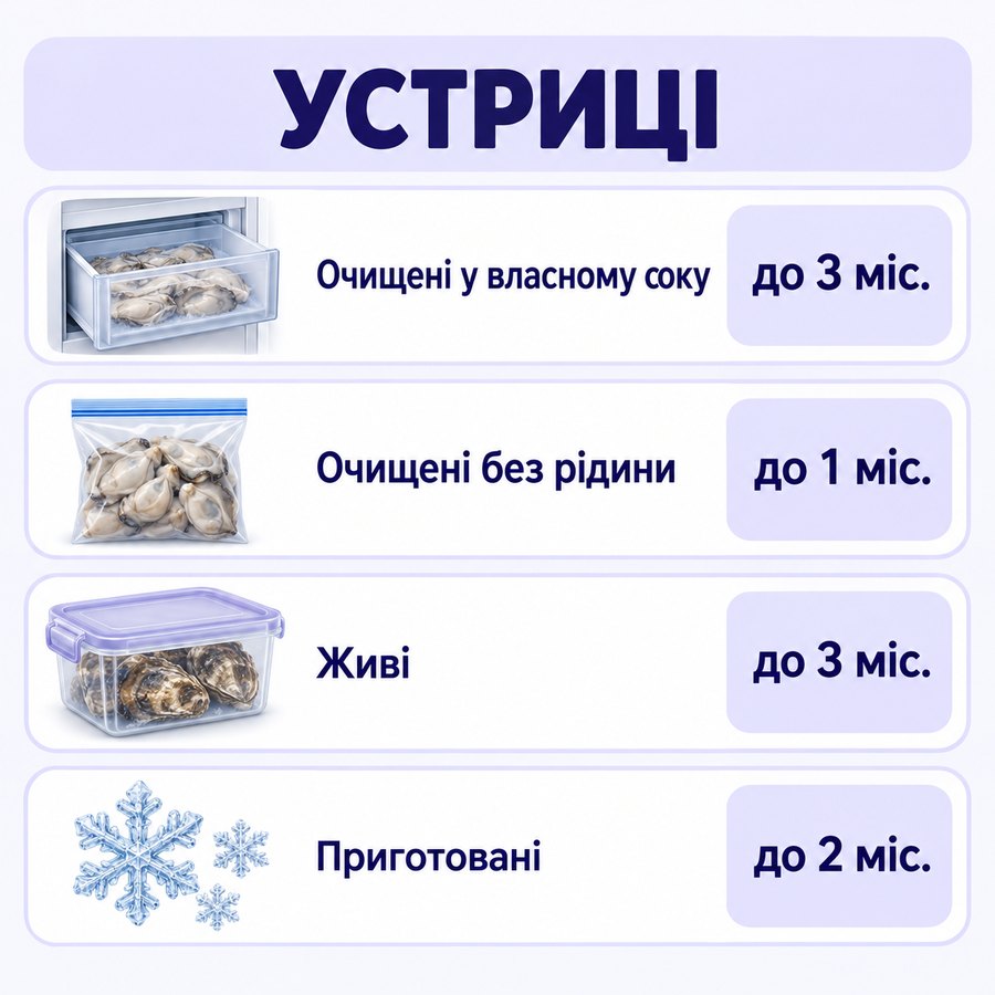 Терміни зберігання в морозилці: Устриці - Очищені у власному соку до 3 міс., Очищені без рідини до 1 міс., Живі до 3 міс., Приготовані до 2 міс.