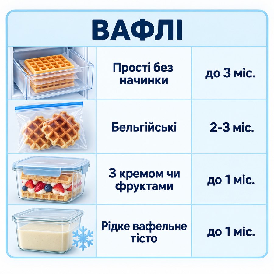 Терміни зберігання в морозилці: Вафлі - Прості без начинки до 3 міс., Бельгійські 2-3 міс., З кремом чи фруктами до 1 міс., Рідке вафельне тісто до 1 міс.