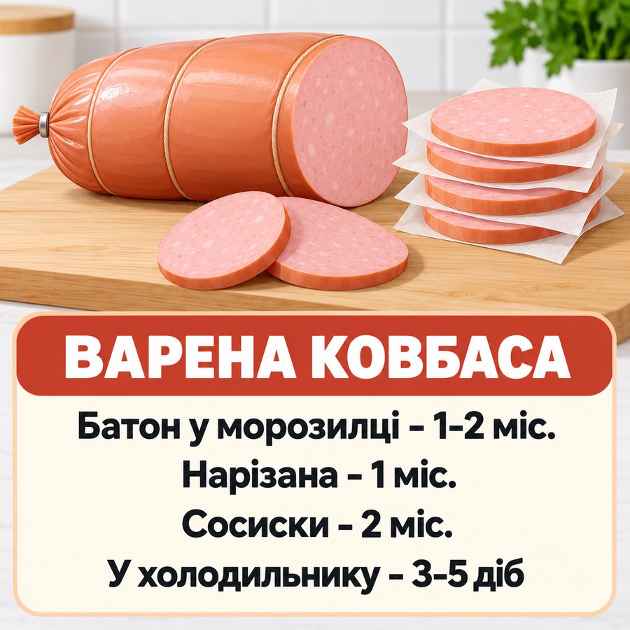 Терміни зберігання вареної ковбаси: батон у морозилці 1-2 місяці, нарізана 1 місяць, сосиски 2 місяці, у холодильнику 3-5 діб