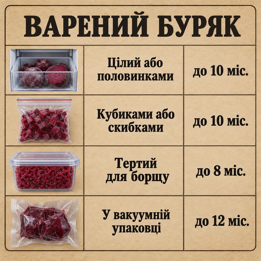 Терміни зберігання в морозилці: Варений буряк - Цілий або половинками до 10 міс., Кубиками або скибками до 10 міс., Тертий для борщу до 8 міс., У вакуумній упаковці до 12 міс.