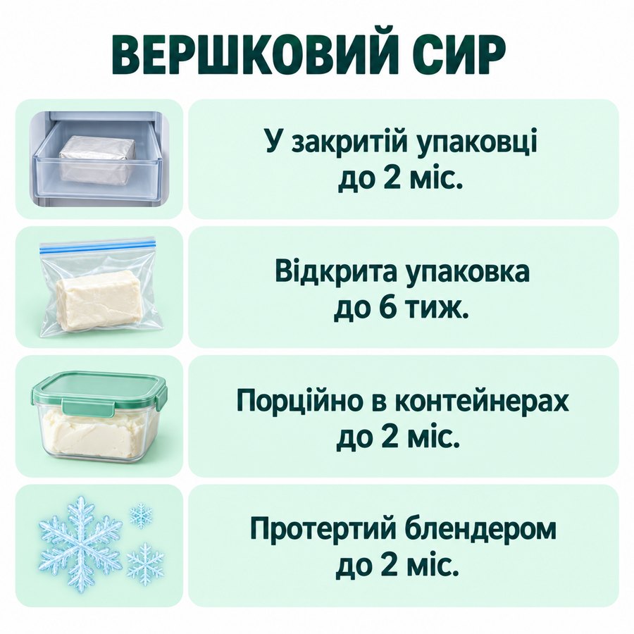 Терміни зберігання в морозилці: Вершковий сир - У закритій упаковці до 2 міс., Відкрита упаковка до 6 тиж., Порційно в контейнерах до 2 міс., Протертий блендером до 2 міс.