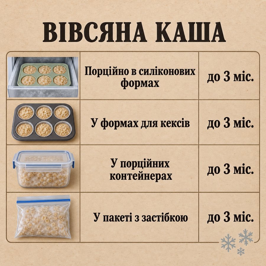 Терміни зберігання в морозилці: Вівсяна каша - Порційно в силіконових формах до 3 міс., У формах для кексів до 3 міс., У порційних контейнерах до 3 міс., У пакеті з застібкою до 3 міс.