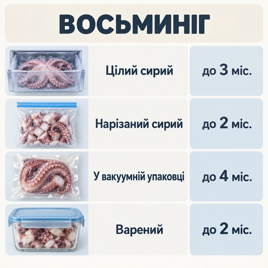 Терміни зберігання в морозилці: Восьминіг - Цілий сирий до 3 міс., Нарізаний сирий до 2 міс., У вакуумній упаковці до 4 міс., Варений до 2 міс.