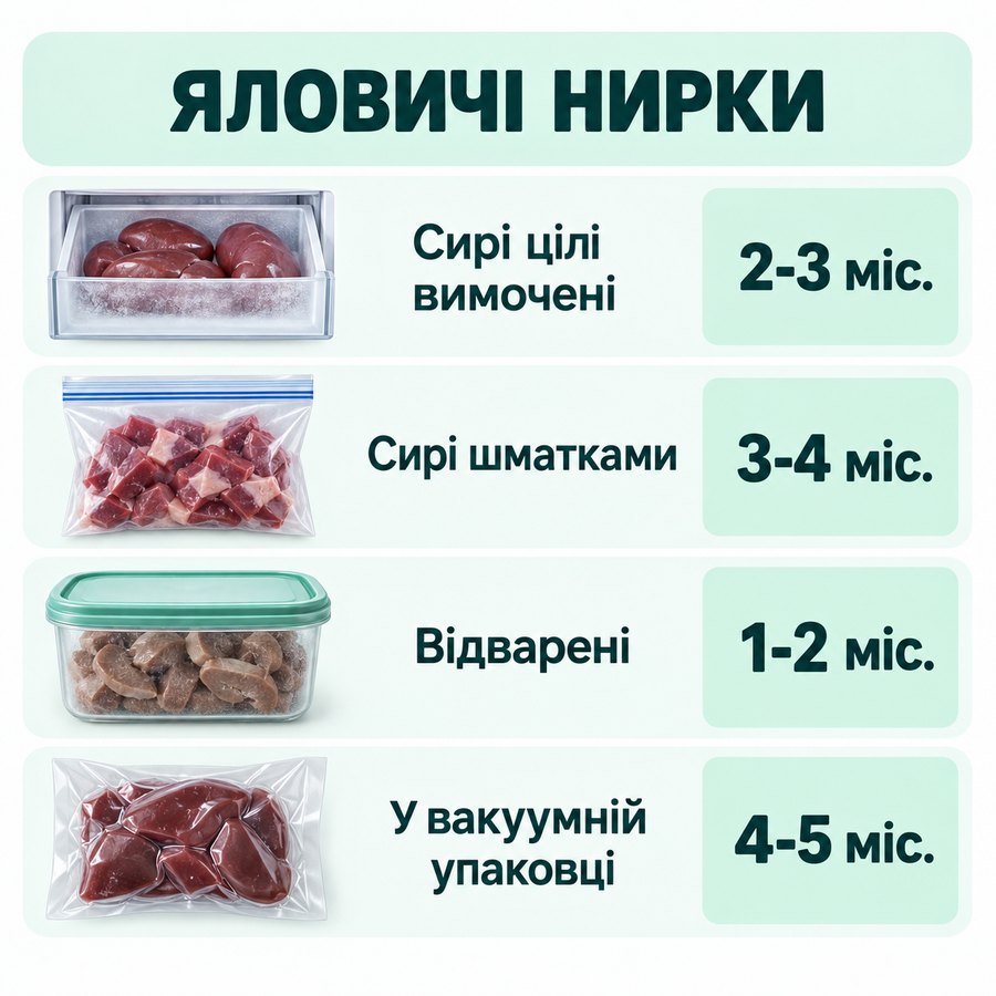 Терміни зберігання в морозилці: Яловичі нирки - Сирі цілі вимочені 2-3 міс., Сирі шматками 3-4 міс., Відварені 1-2 міс., У вакуумній упаковці 4-5 міс.