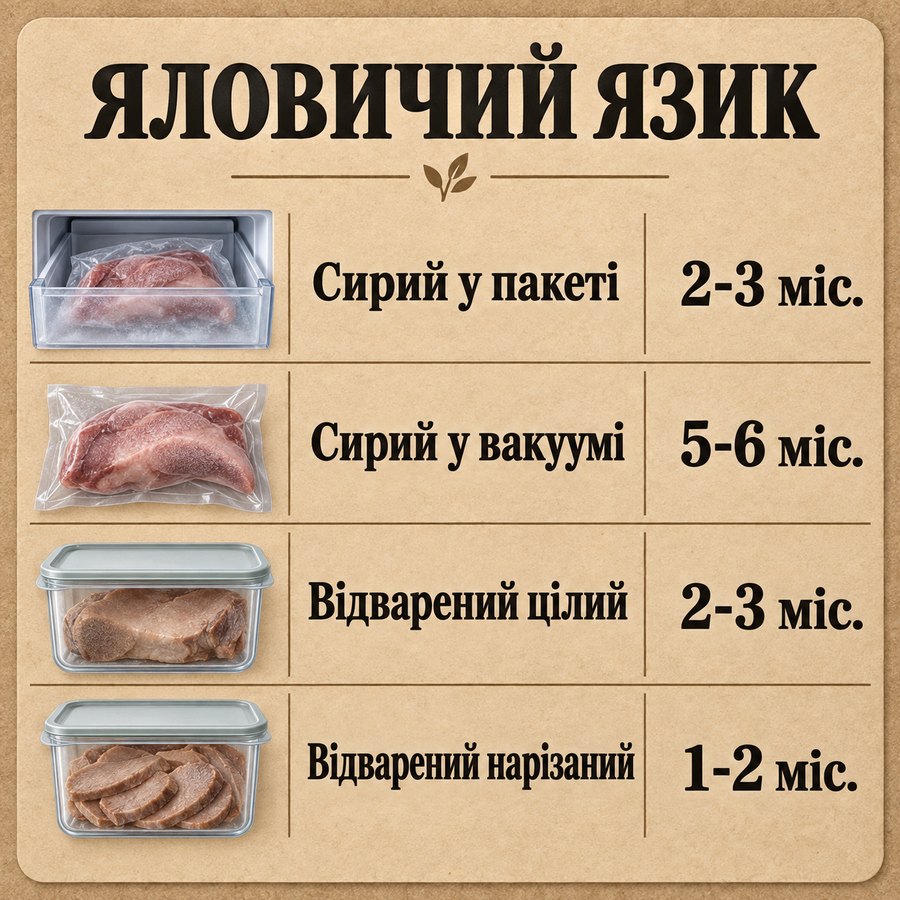 Терміни зберігання в морозилці: Яловичий язик - Сирий у пакеті 2-3 міс., Сирий у вакуумі 5-6 міс., Відварений цілий 2-3 міс., Відварений нарізаний 1-2 міс.