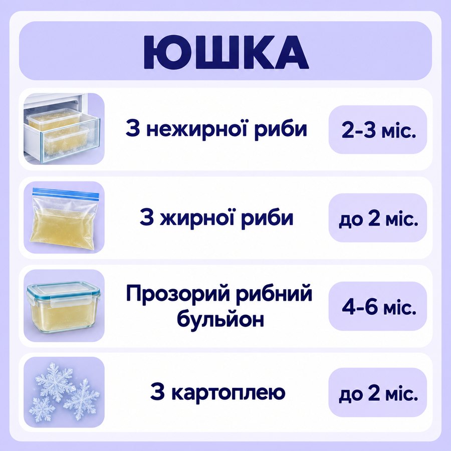 Терміни зберігання в морозилці: Юшка - З нежирної риби 2-3 міс., З жирної риби до 2 міс., Прозорий рибний бульйон 4-6 міс., З картоплею до 2 міс.