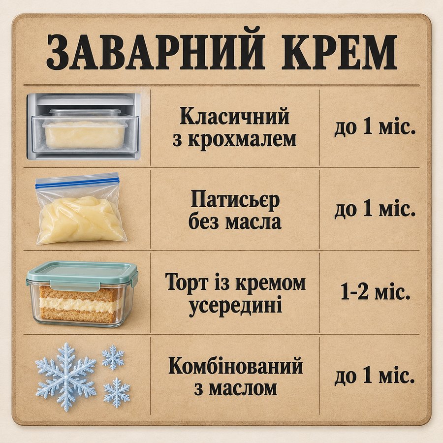 Терміни зберігання в морозилці: Заварний крем - Класичний з крохмалем до 1 міс., Патисьєр без масла до 1 міс., Торт із кремом усередині 1-2 міс., Комбінований з маслом до 1 міс.