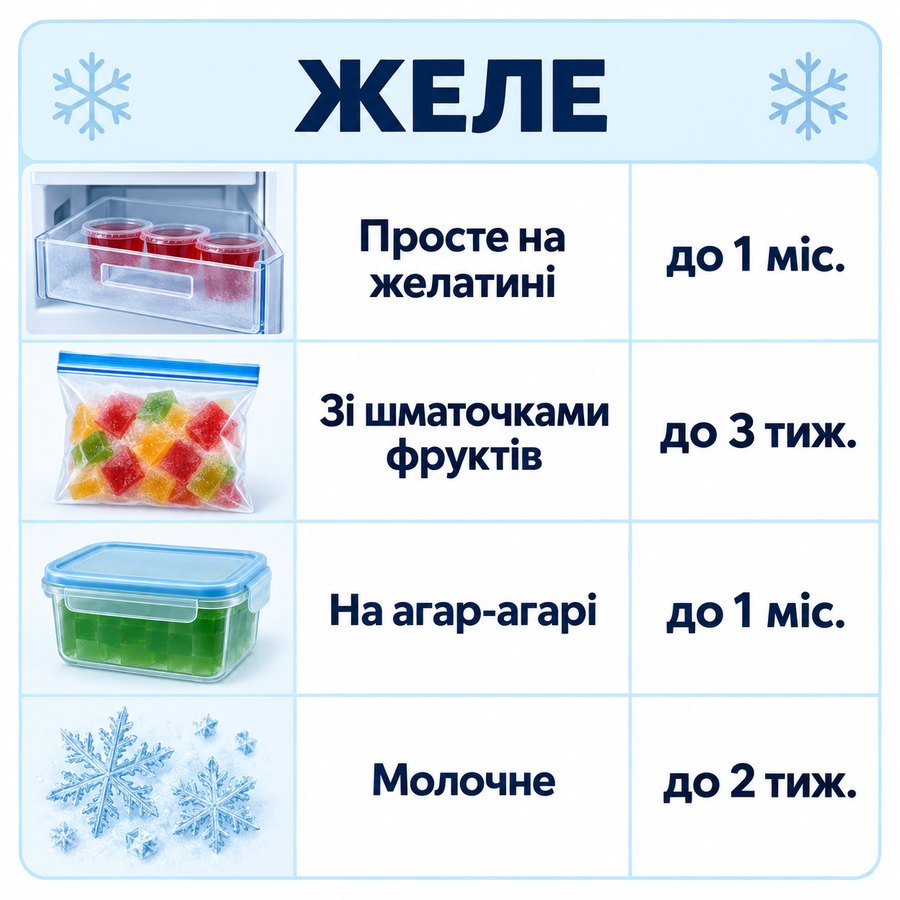 Терміни зберігання в морозилці: Желе - Просте на желатині до 1 міс., Зі шматочками фруктів до 3 тиж., На агар-агарі до 1 міс., Молочне до 2 тиж.